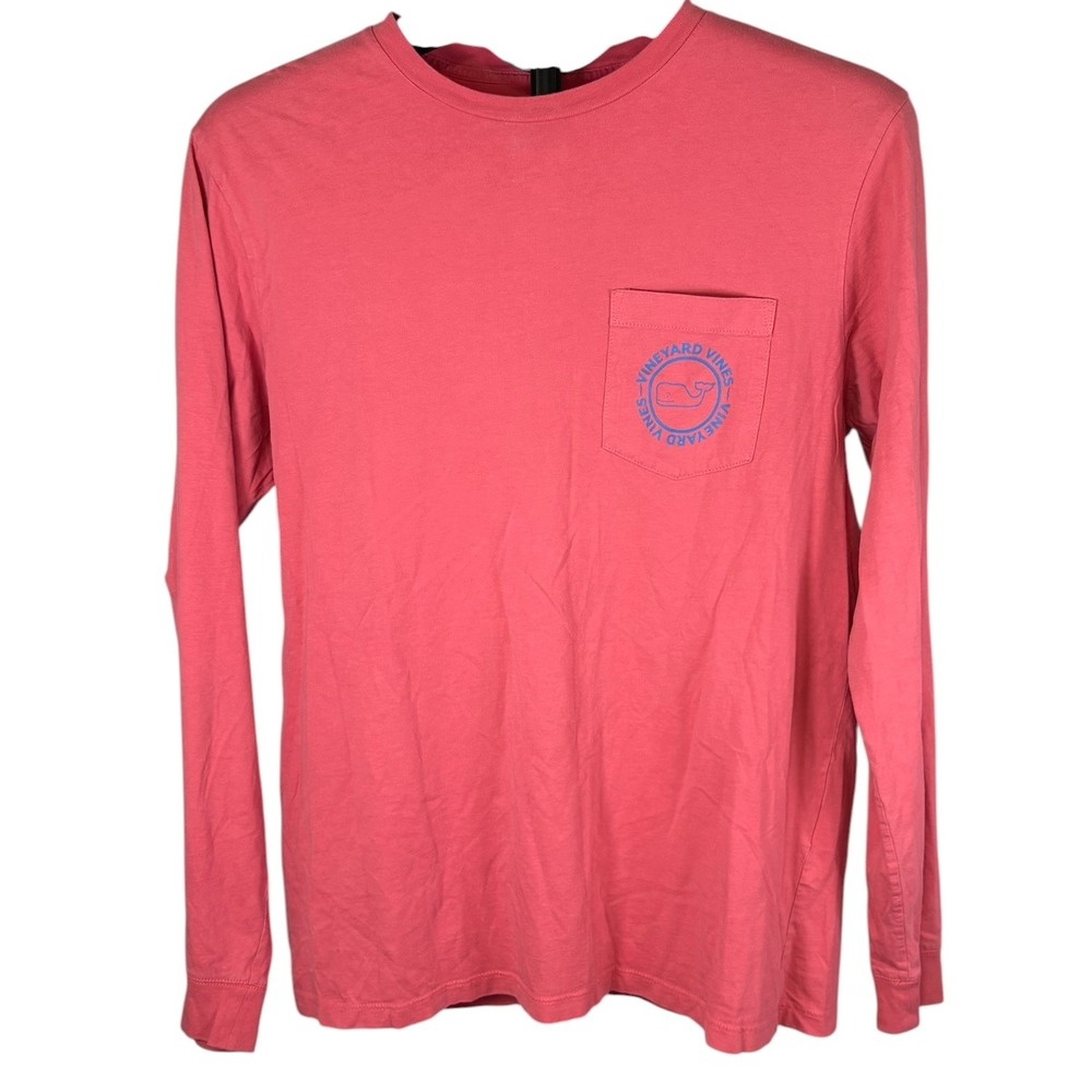 Vineyard Vines Mens Coral Pink Whale‎ Graphic Long Sleeve Pocket T-Shirt S